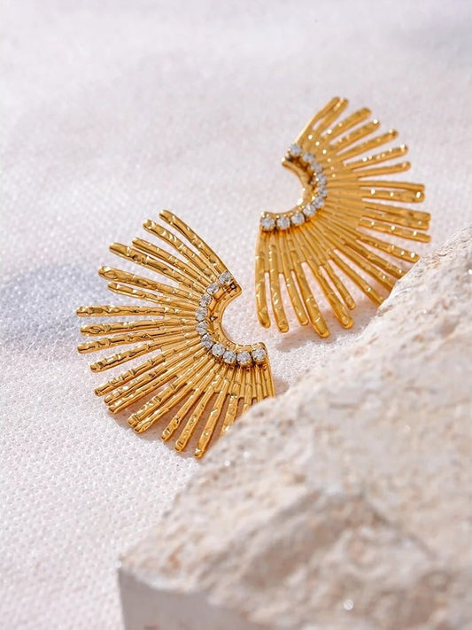 Cercei Elora, aurii, cu model raze, din otel inoxidabil placat cu aur 18K - Colectia Glamour