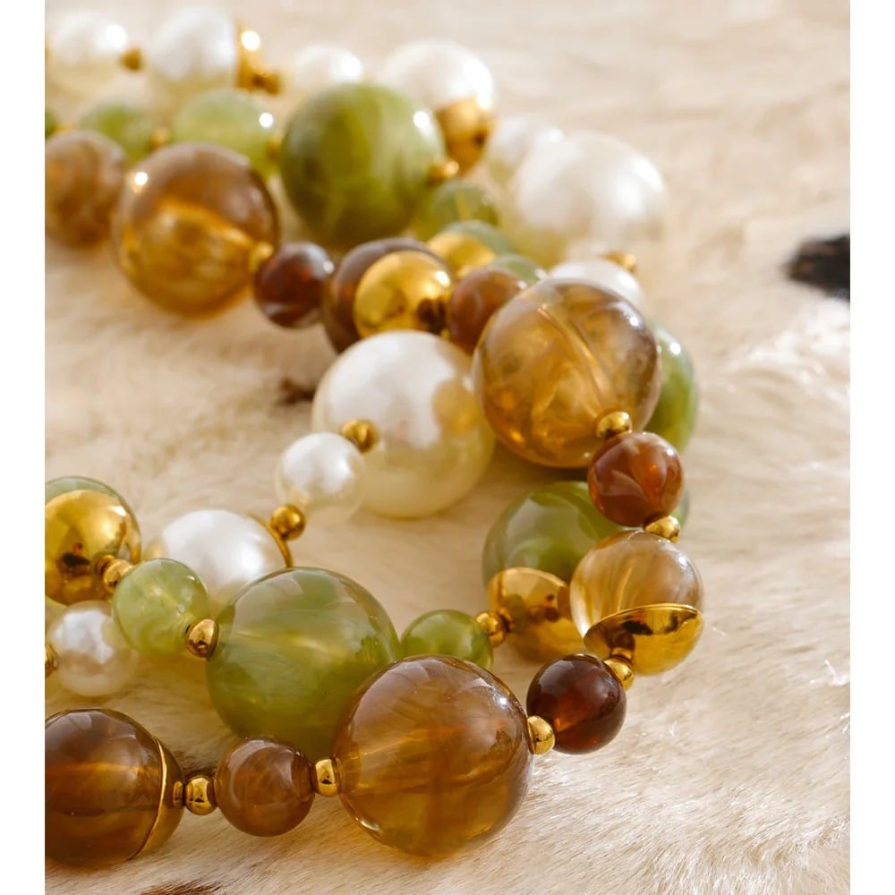 Colier Gemma, handmade, cu margele si montura aurie, din otel inoxidabil placat cu aur 18K
