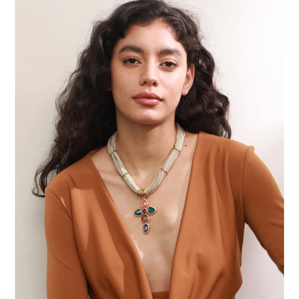 Sara necklace, gold, with a cross-shaped pendant with white stones, made of 18K gold-plated stainless steel - Glamour Collection