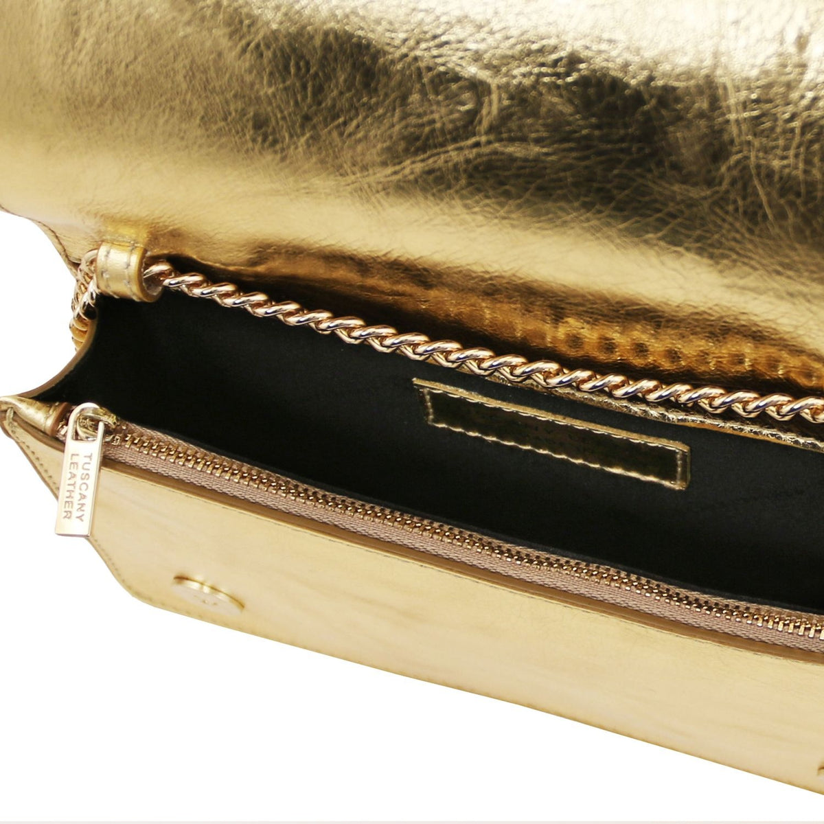 OPERA - Clutch din piele naturala metalizata cu curea lant