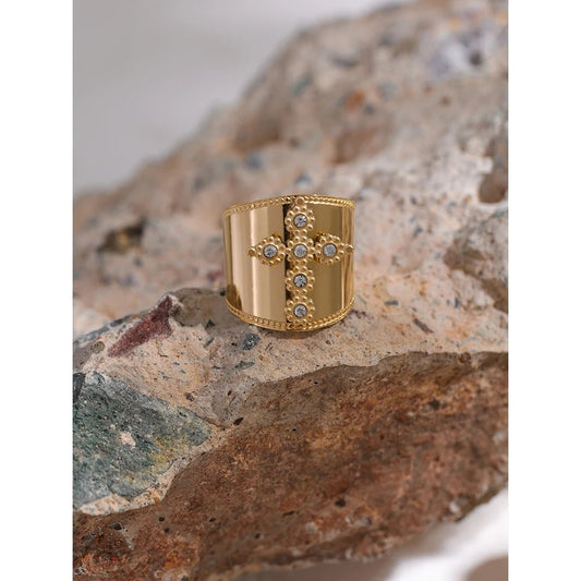 Inel Theodora, auriu, cu model cruce, din otel inoxidabil placat cu aur 18K, reglabil