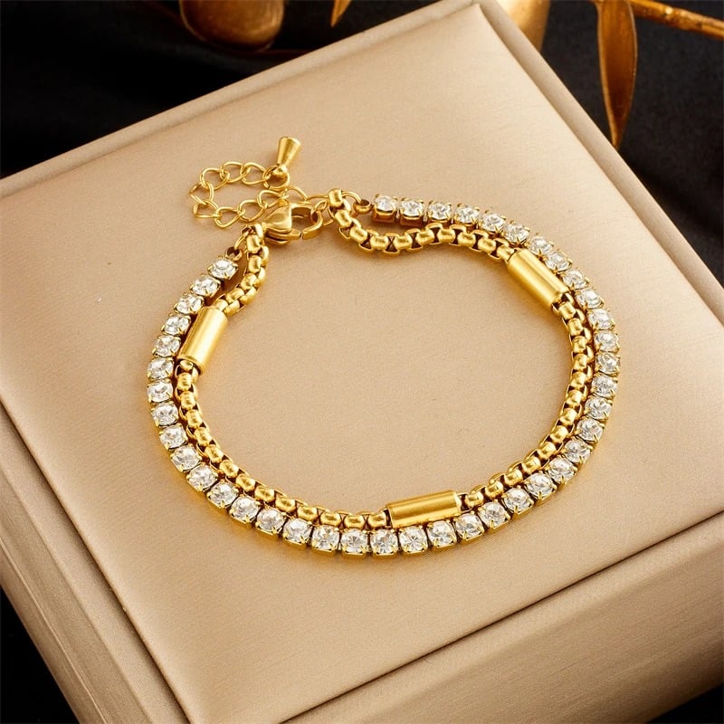 Bratara Nellie, aurie, cu zirconiu, din otel inoxidabil placat cu aur 18K
