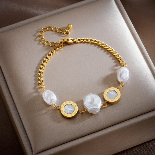 Bratara Harmony, aurie, din otel inoxidabil, decorata cu perle - Colectia Universe of Pearls