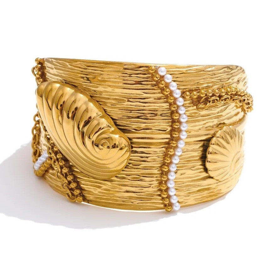 Bratara Leslie, statement, cu model oceanic si perle, din otel inoxidabil placat cu aur 18K