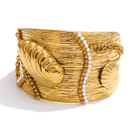 Bratara Leslie, statement, cu model oceanic si perle, din otel inoxidabil placat cu aur 18K