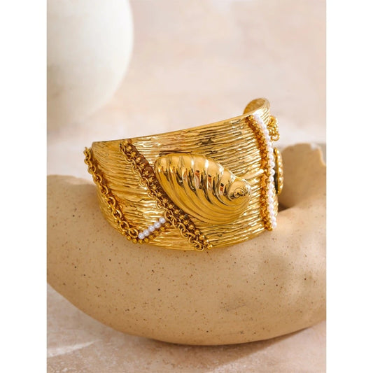 Bratara Leslie, statement, cu model oceanic si perle, din otel inoxidabil placat cu aur 18K