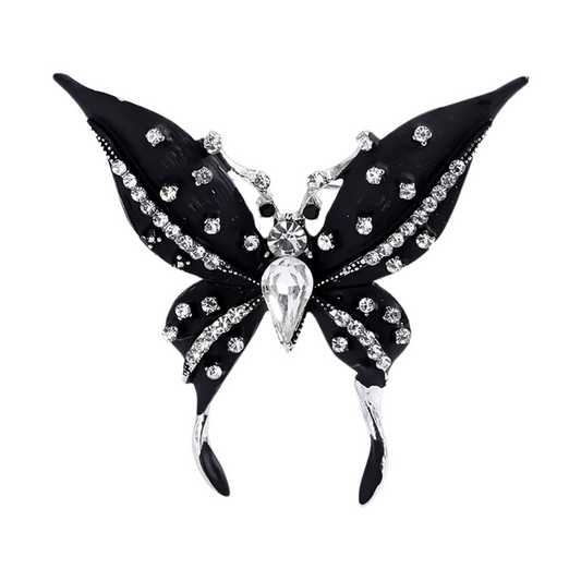 Brosa Leona, neagra, cu montura argintie, in forma de fluture