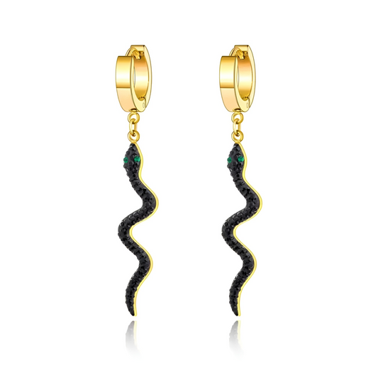 Cercei Kadence, lungi, auriu cu negru, in forma de sarpe, din otel inoxidabil placat cu aur 18K - Colectia Parisian