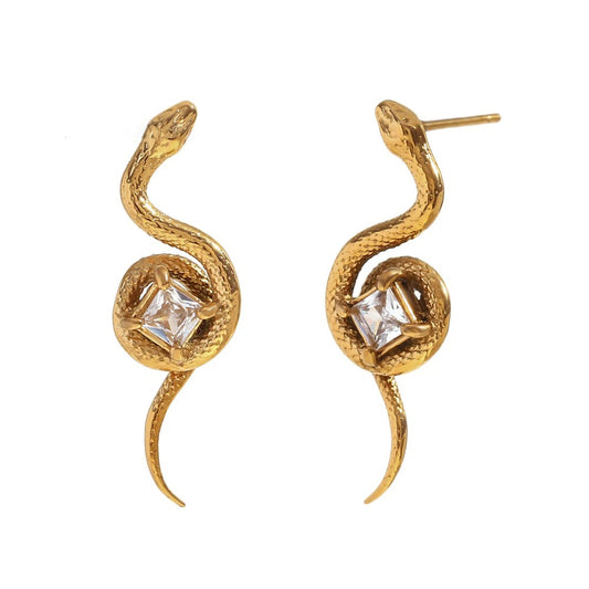 Cercei Genesis, aurii, in forma de sarpe, cu zirconiu, din otel inoxidabil placat cu aur 18K