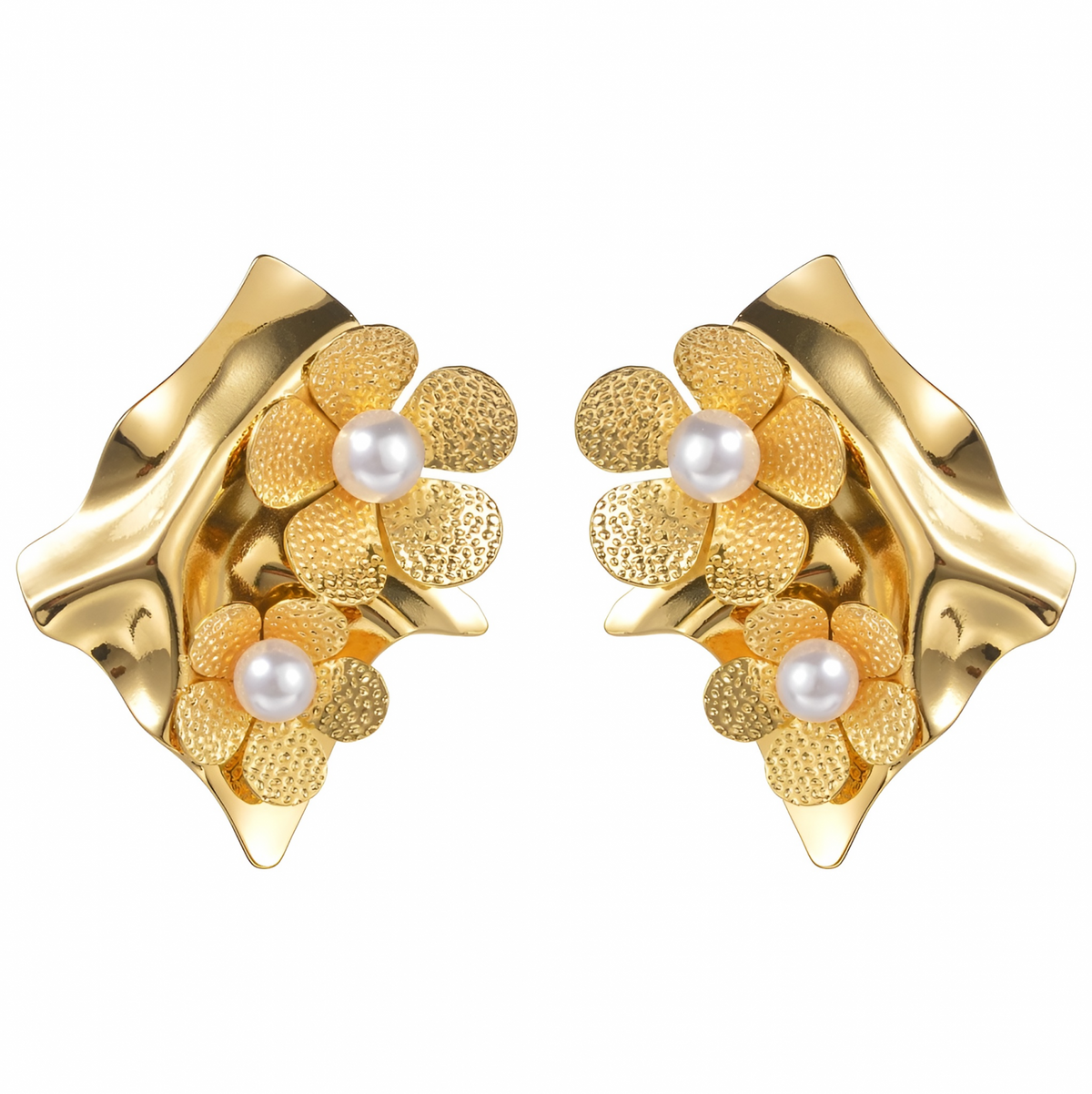 Cercei Crisa, aurii, cu perle, din otel inoxidabil, in forma de romb - Colectia Universe of Pearls