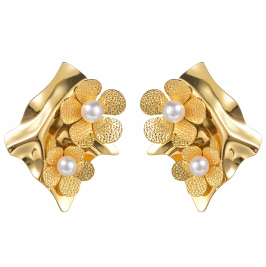 Cercei Crisa, aurii, cu perle, din otel inoxidabil, in forma de romb - Colectia Universe of Pearls