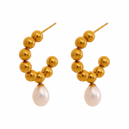 Cercei Hayden, rotunzi, aurii, din otel inoxidabil si perle, placati cu aur 18K - Colectia Universe of Pearls