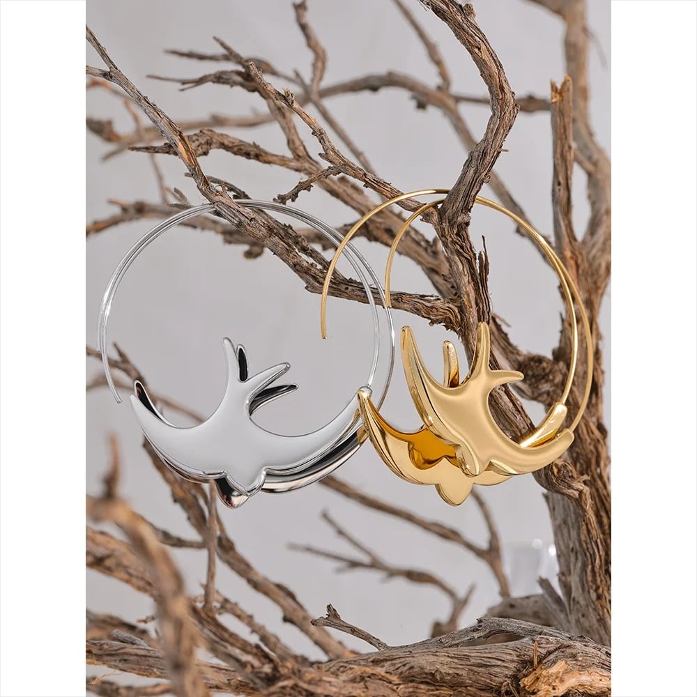 Cercei Birdie, rotunzi, aurii, din otel inoxidabil placat cu aur 18K, model pasari
