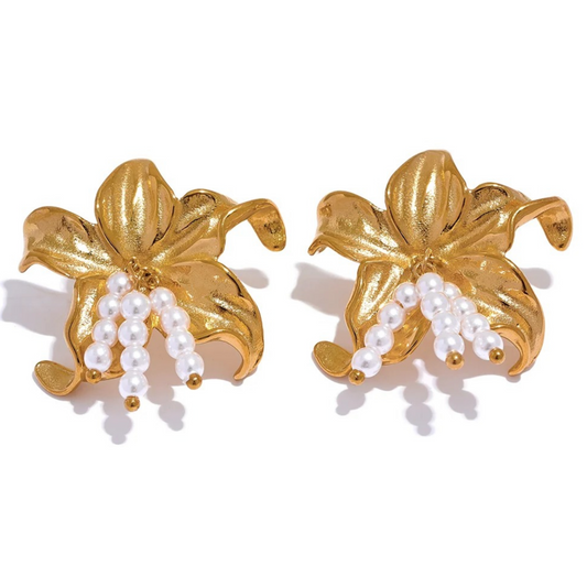 Cercei Ina, aurii, cu perle, in forma de floare, din otel inoxidabil placat cu aur 18K - Colectia Floral Paradise