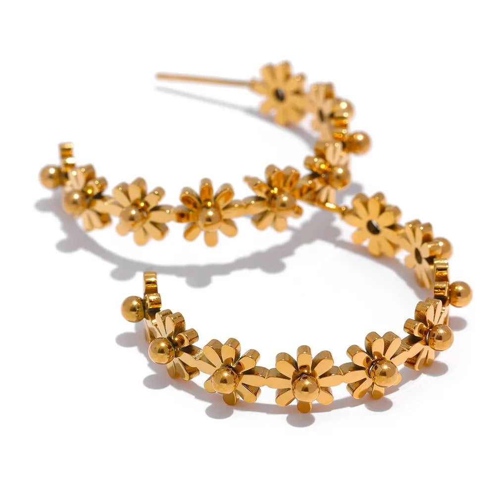 Cercei Jacey, rotunzi, aurii, cu model floral, din otel inoxidabil placat cu aur 18K - Colectia Floral Paradise