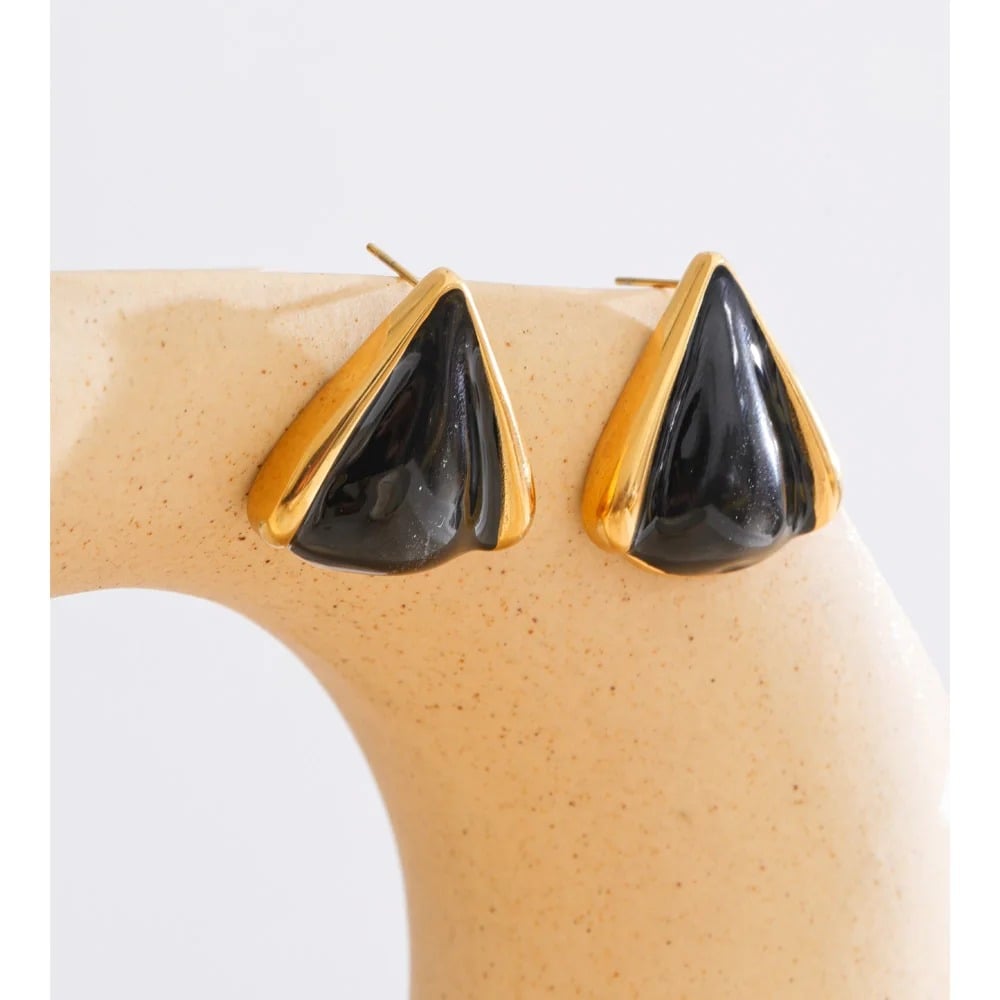 Lois Earrings, triangular, black and gold, retro, 18K gold plated stainless steel