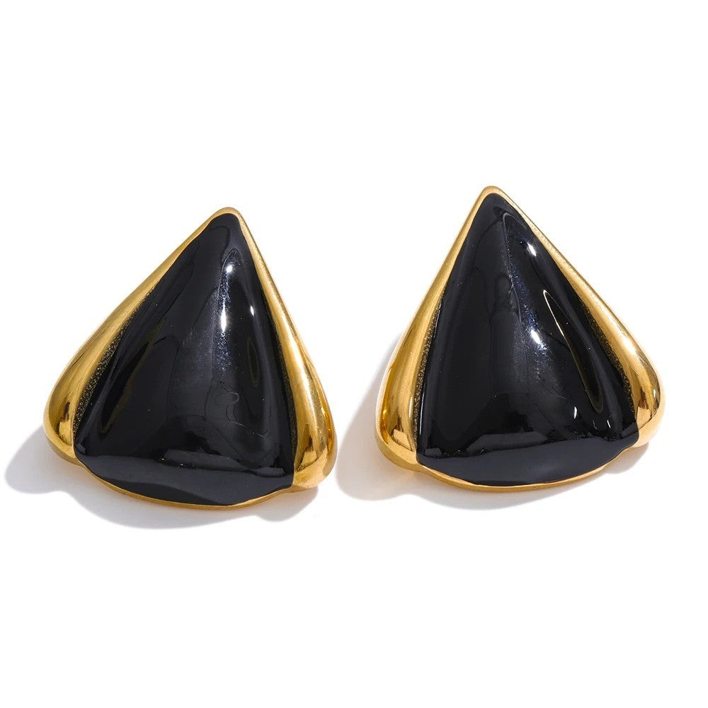 Lois Earrings, triangular, black and gold, retro, 18K gold plated stainless steel
