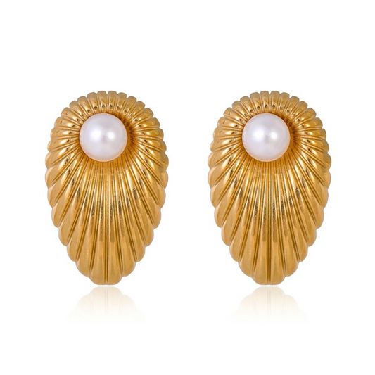Cercei Madge, aurii, cu perle, din otel inoxidabil placat cu aur 18K - Colectia Universe of Pearls