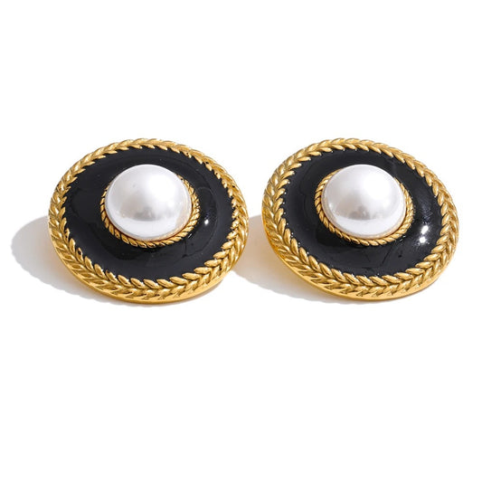 Cercei Sandy, rotunzi, aurii, cu perle si model statement, din otel inoxidabil placat cu aur 18K - Colectia Universe of Pearls