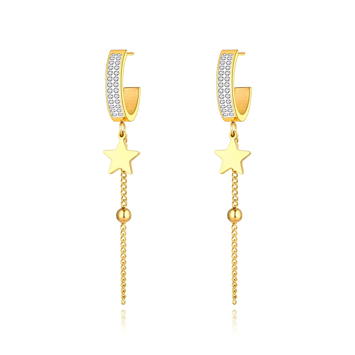 Cercei Gatlin, aurii, lungi, din otel inoxidabil placat cu aur 18K, model cu stelute - Colectia Parisian