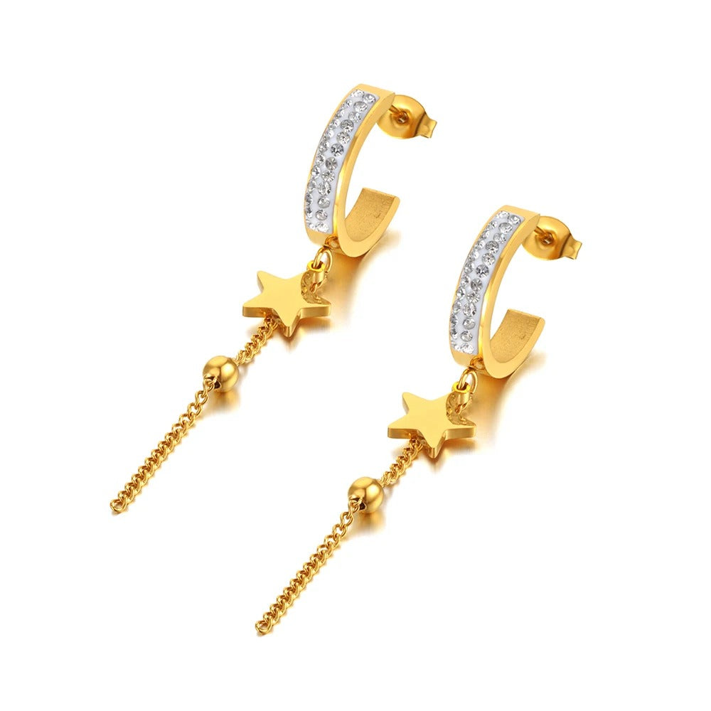 Cercei Gatlin, aurii, lungi, din otel inoxidabil placat cu aur 18K, model cu stelute - Colectia Parisian
