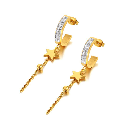Cercei Gatlin, aurii, lungi, din otel inoxidabil placat cu aur 18K, model cu stelute - Colectia Parisian