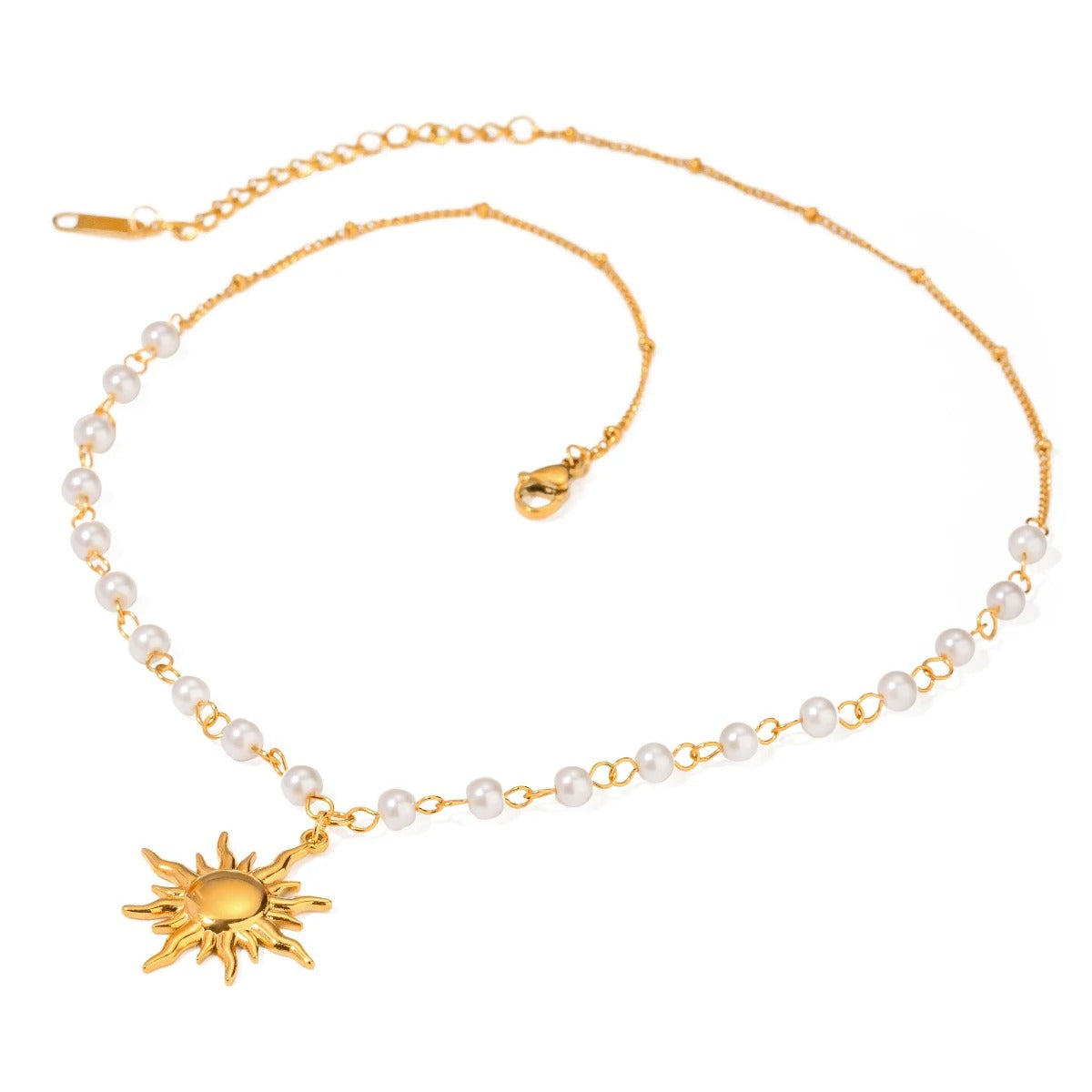 Colier Laurette, handmade, auriu, cu perle si pandantiv soare, din otel inoxidabil - Colectia Universe of Pearls