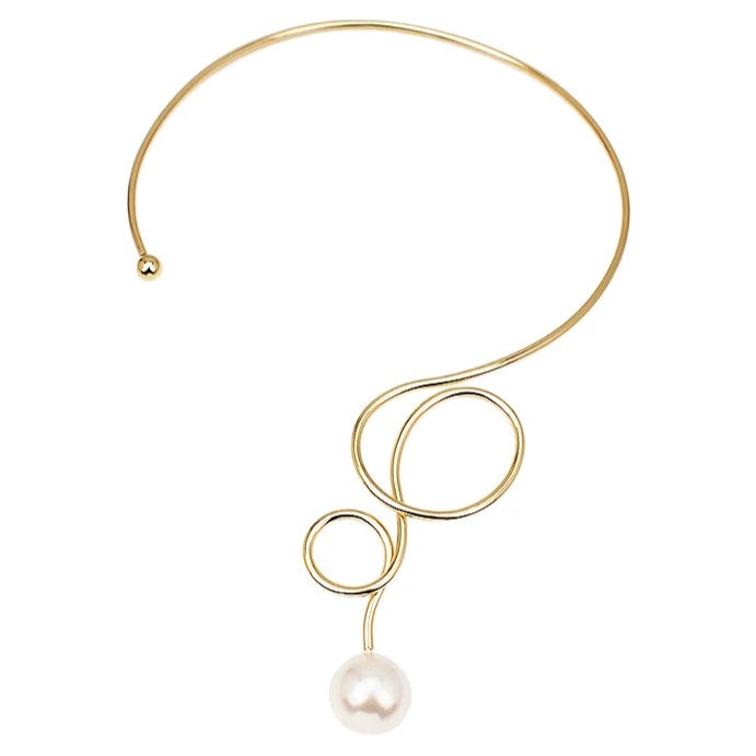 Colier Carley, auriu, tip choker, decorat cu perla, model metal indoit, ajustabil - Colectia Universe of Pearls