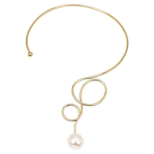 Colier Carley, auriu, tip choker, decorat cu perla, model metal indoit, ajustabil - Colectia Universe of Pearls