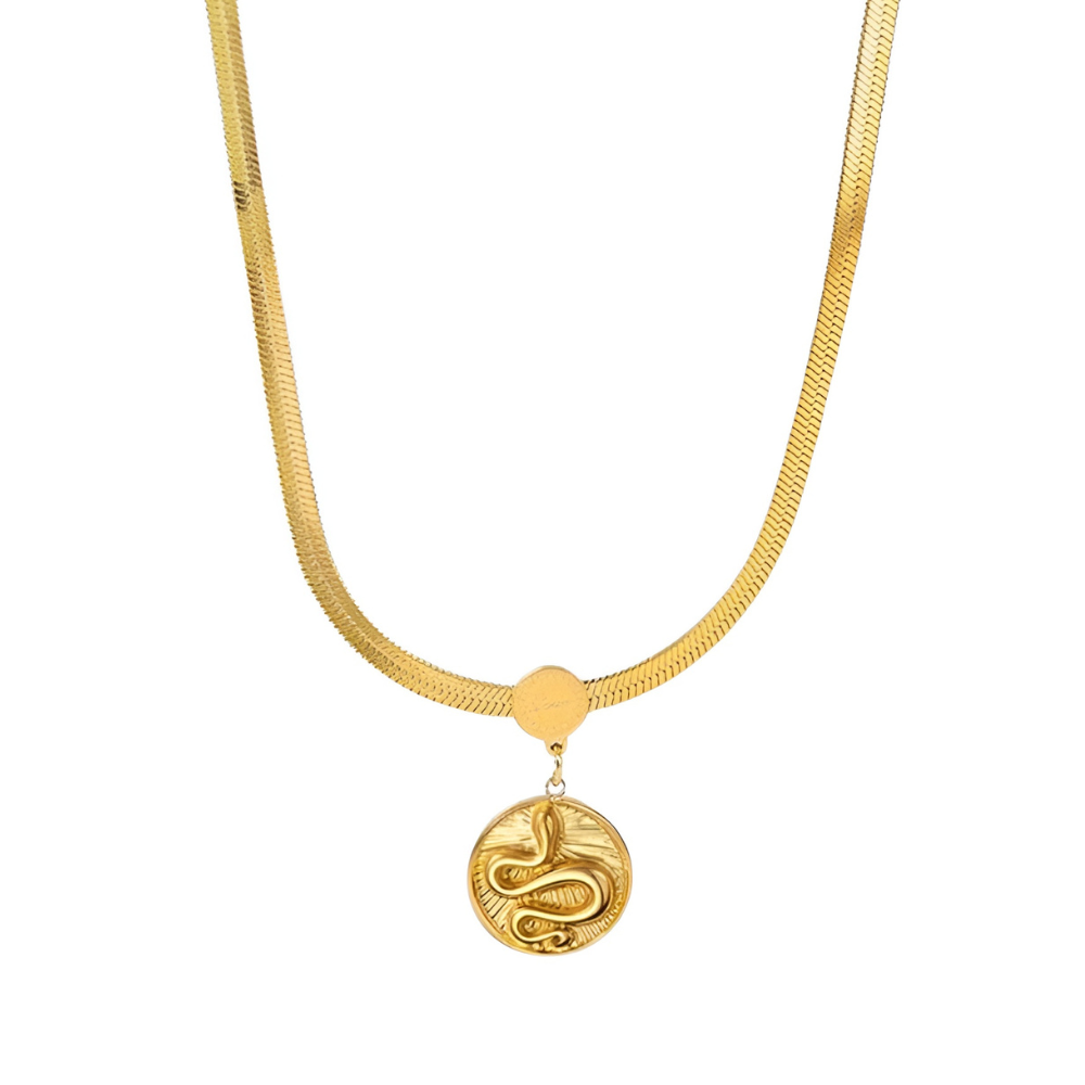 Colier Daphne, auriu, din otel inoxidabil placat cu aur 18K, cu medalion rotund model sarpe