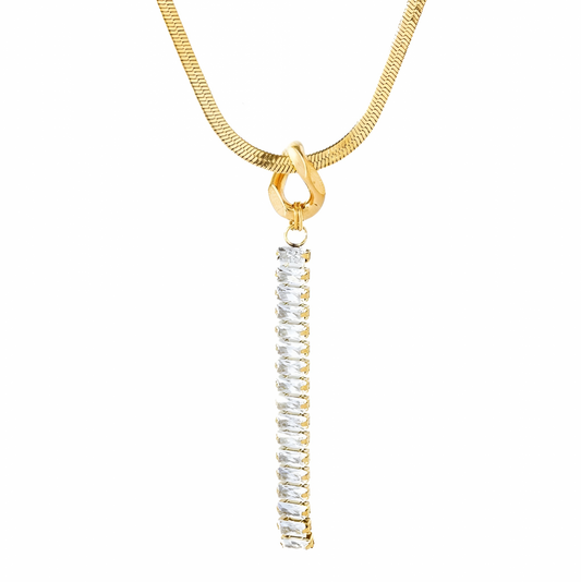 Colier Hennie, auriu, din otel inoxidabil placat cu aur 18K, cu pandantiv lung cu zirconiu