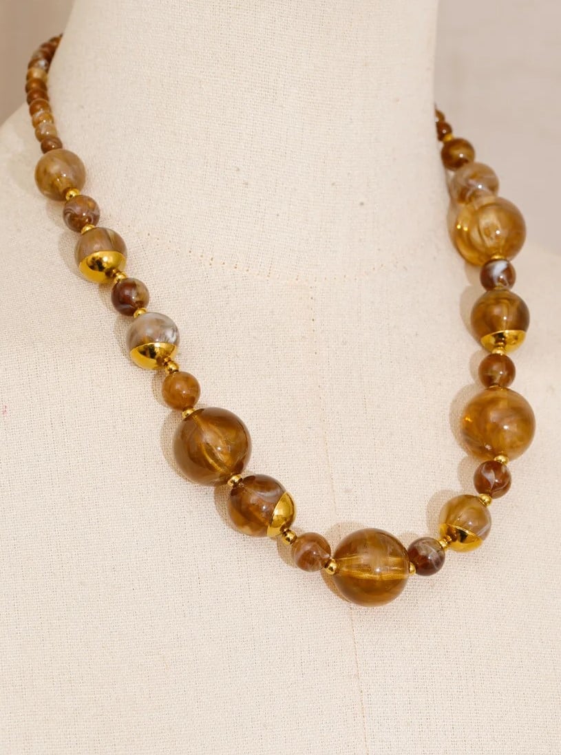 Colier Gemma, handmade, cu margele si montura aurie, din otel inoxidabil placat cu aur 18K