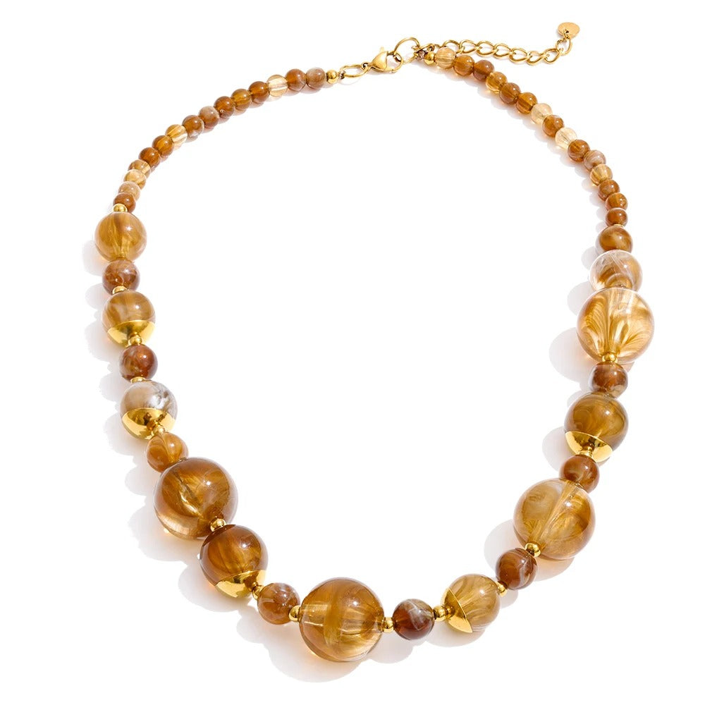 Colier Gemma, handmade, cu margele si montura aurie, din otel inoxidabil placat cu aur 18K