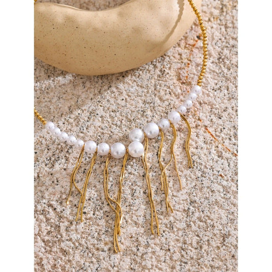 Colier Selma, auriu, cu perle si margele, din otel inoxidabil placat cu aur 18K - Colectia Universe of Pearls