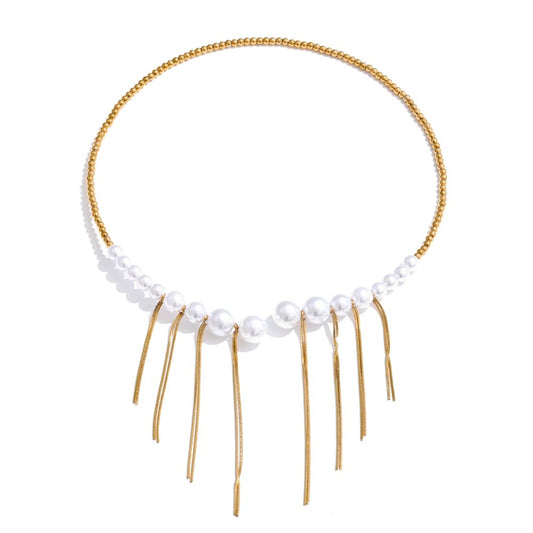 Colier Selma, auriu, cu perle si margele, din otel inoxidabil placat cu aur 18K - Colectia Universe of Pearls