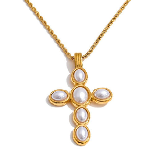Colier Leandra, auriu, cu perle si pandativ cruce, din otel inoxidabil placat cu aur 18K - Colectia Universe of Pearls