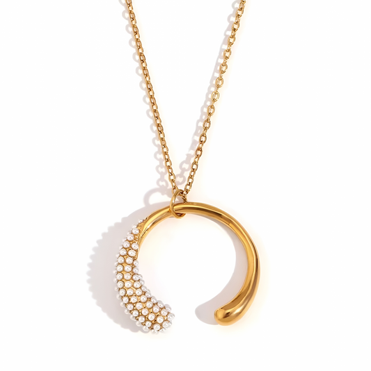 Colier Mabelyn, auriu, cu perle si pandantiv circular, din otel inoxidabil placat cu aur 18K - Colectia Universe of Pearls