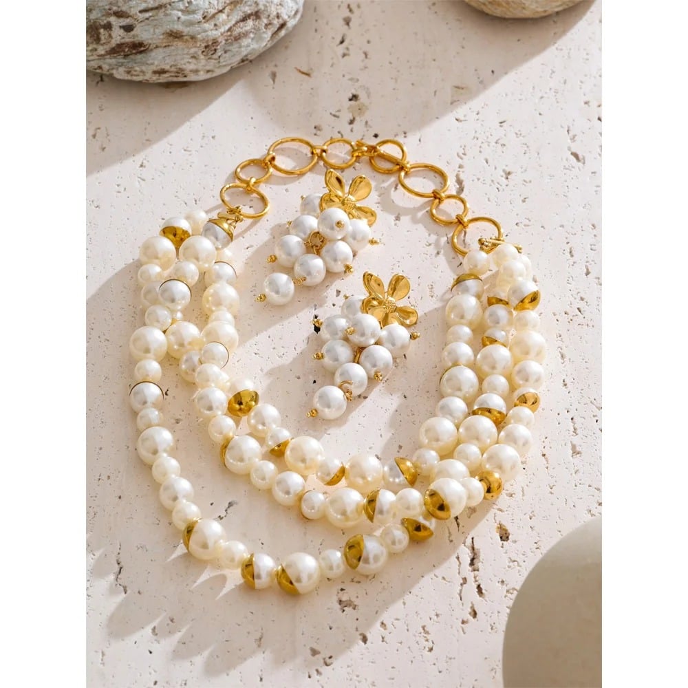 Colier Myia, auriu, statement, cu perle, din otel inoxidabil placat cu aur 18K - Colectia Universe of Pearls