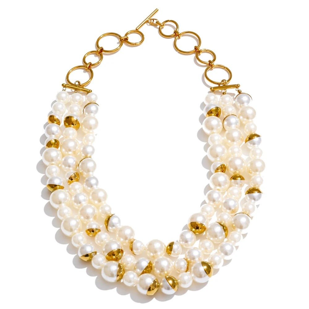 Colier Myia, auriu, statement, cu perle, din otel inoxidabil placat cu aur 18K - Colectia Universe of Pearls