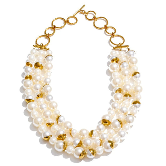 Colier Myia, auriu, statement, cu perle, din otel inoxidabil placat cu aur 18K - Colectia Universe of Pearls