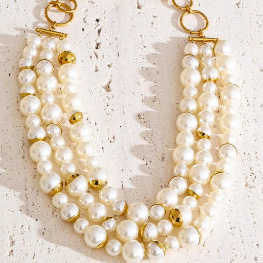 Colier Myia, auriu, statement, cu perle, din otel inoxidabil placat cu aur 18K - Colectia Universe of Pearls