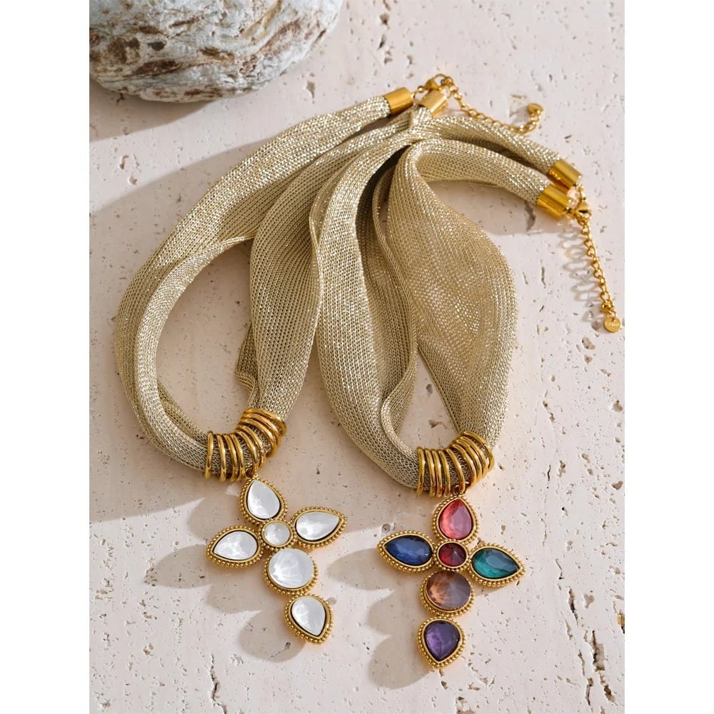 Sara necklace, gold, with a cross-shaped pendant with white stones, made of 18K gold-plated stainless steel - Glamour Collection