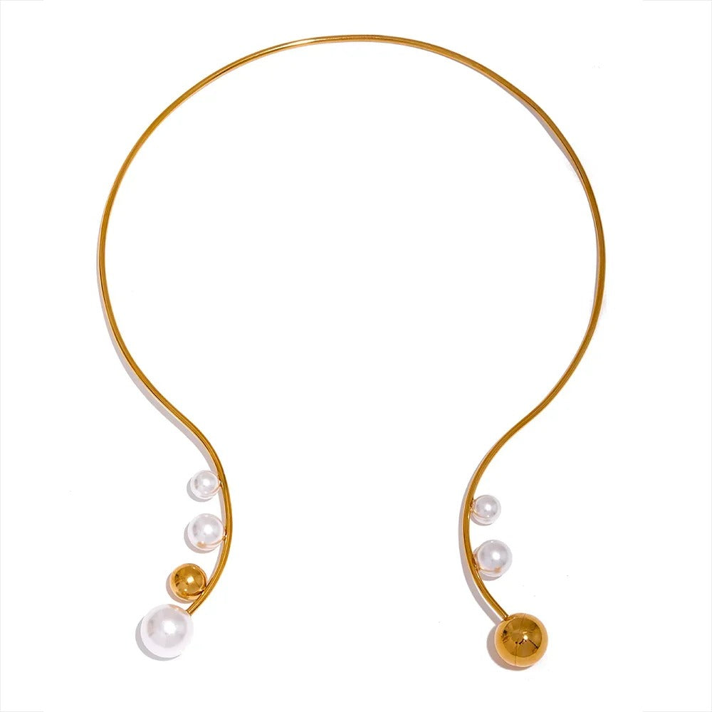 Colier Xandra, auriu, cu perle, tip choker, din otel inoxidabil placat cu aur 18K - Colectia Universe of Pearls