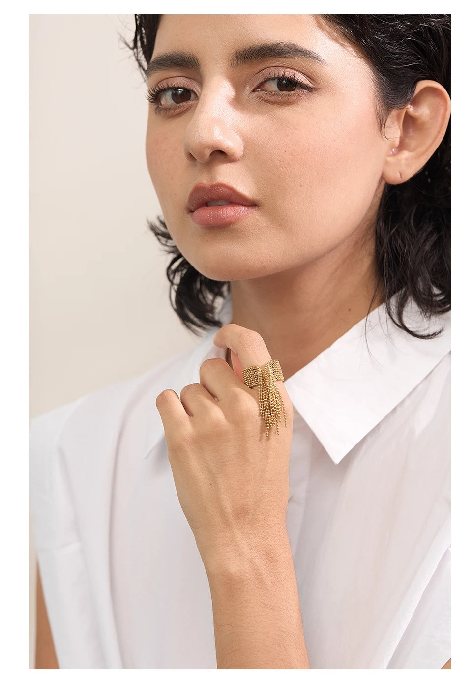 Inel Gracie, auriu/ argintiu, din otel inoxidabil placat cu aur 18K, model cu margele, reglabil - Colectia Glamour
