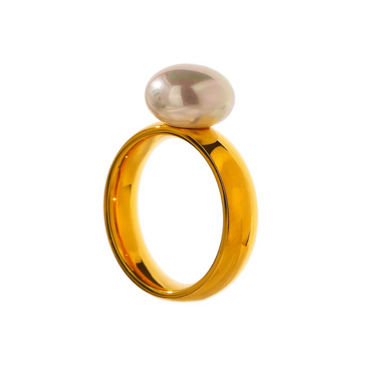 Inel Donna, auriu, clasic, cu perla, din otel inoxidabil placat cu aur 18K - Colectia Universe of Pearls