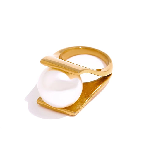 Inel Brielle, auriu, cu perla, din otel inoxidabil placat cu aur 18K - Colectia Universe of Pearls