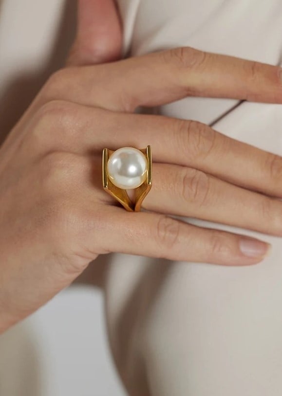 Inel Brielle, auriu, cu perla, din otel inoxidabil placat cu aur 18K - Colectia Universe of Pearls