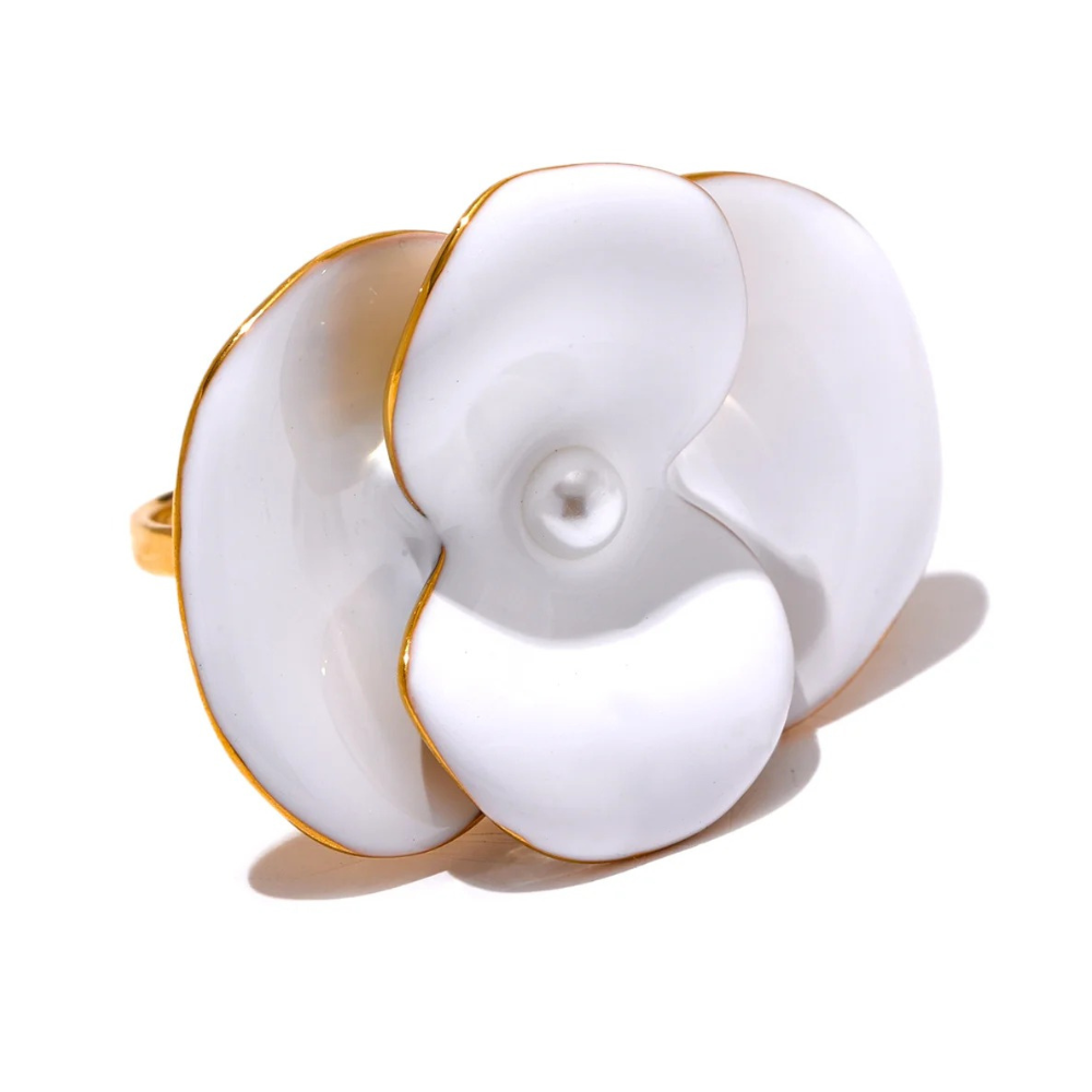 Inel Hyacinth, alb cu auriu, in forma de floare, din otel inoxidabil placat cu aur 18K, reglabil - Colectia Floral Paradise