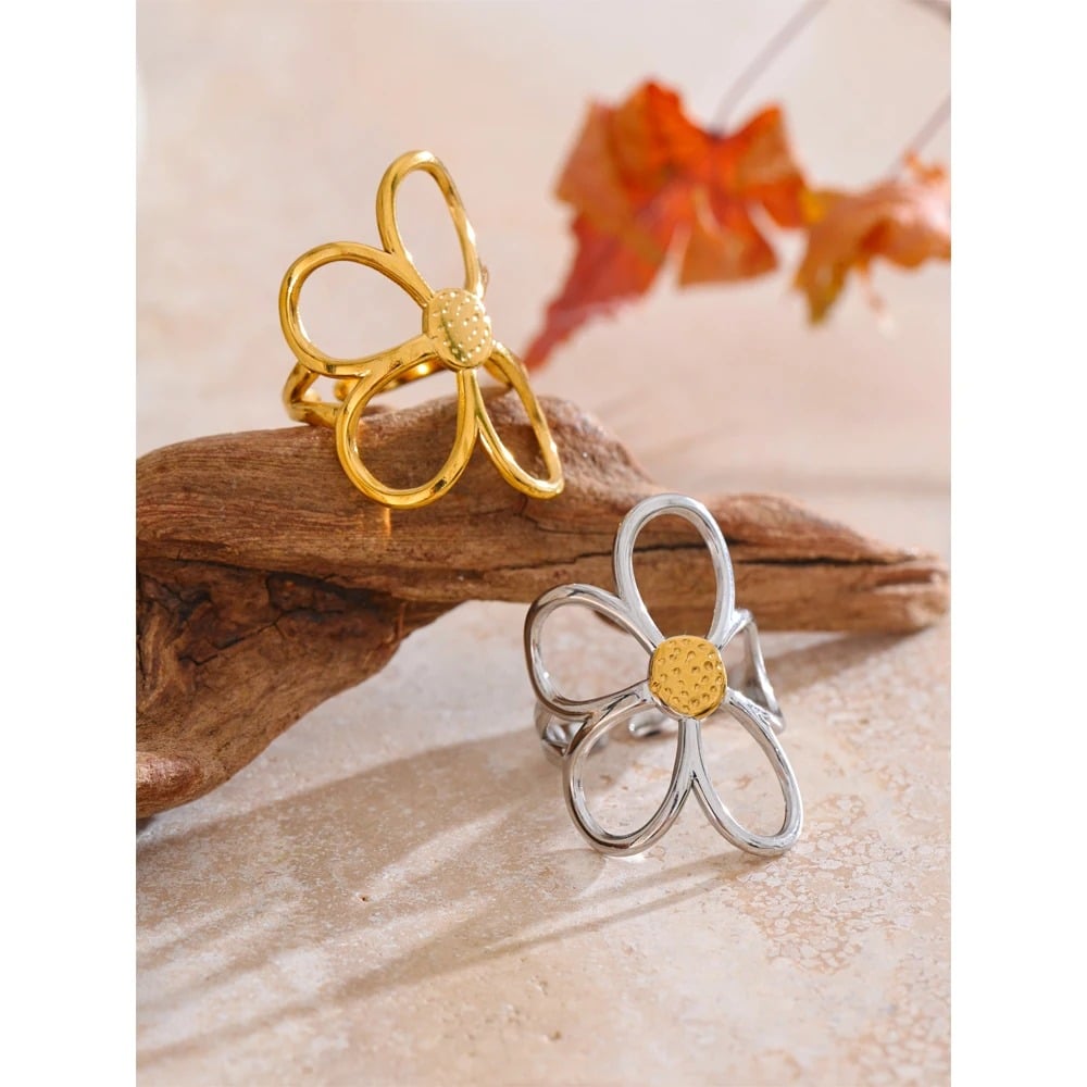 Inel Floria, argintiu, in forma de floare, din otel inoxidabil placat cu aur 18K, reglabil - Colectia Floral Paradise