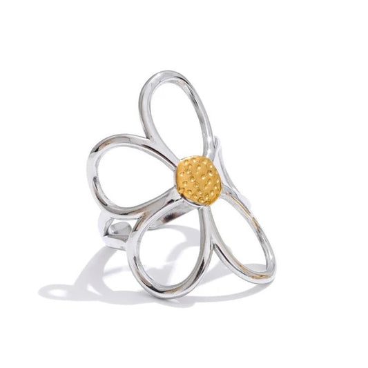 Inel Floria, argintiu, in forma de floare, din otel inoxidabil placat cu aur 18K, reglabil - Colectia Floral Paradise